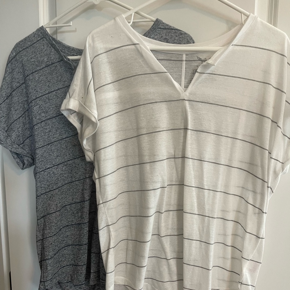 2 one blue with blue stripe and white with grey stripe. Identical Faded Glory